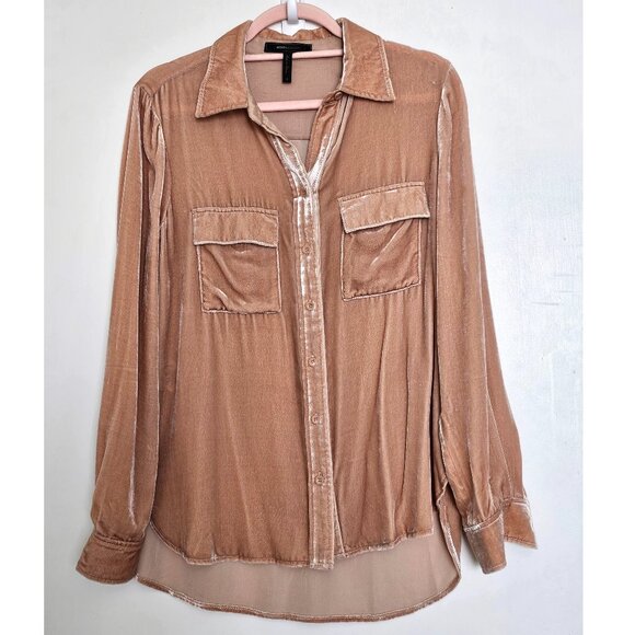BCBGMaxAzria Anderson Velvet Long Sleeve Button Up Shirt, S, Peach - Picture 1 of 9